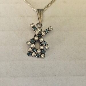 Windmill Pendant Necklace Rhinestone Holland Dutchcore Silver Tone